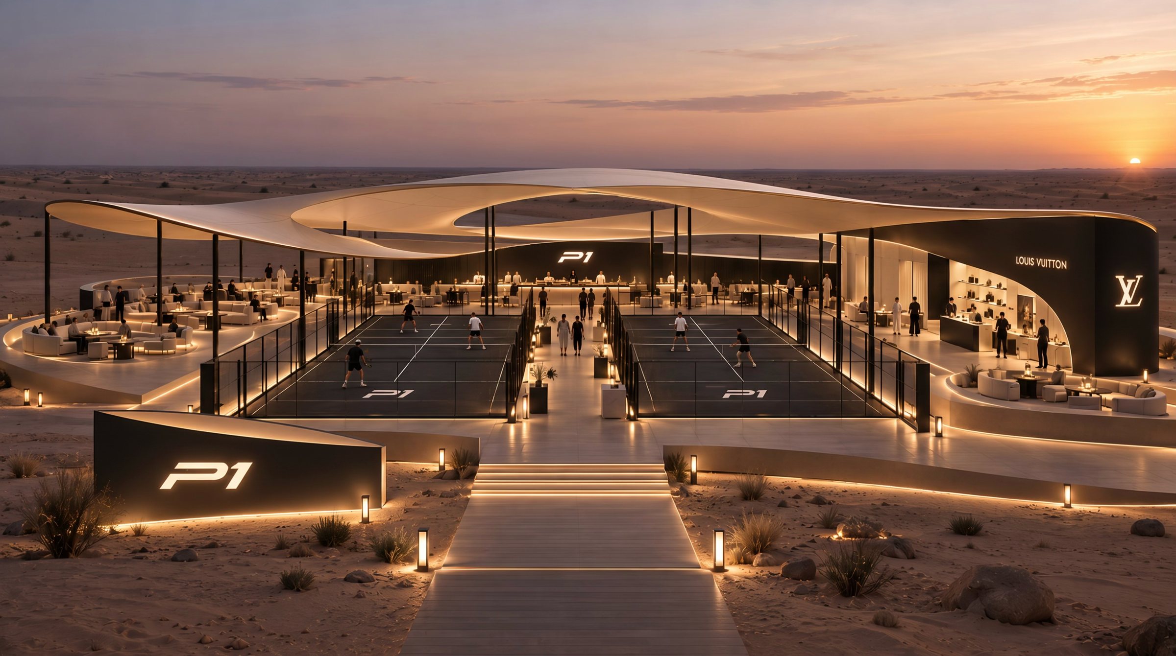 A curved canopy over twin courts at sunset, a lit walkway leading in from the desert