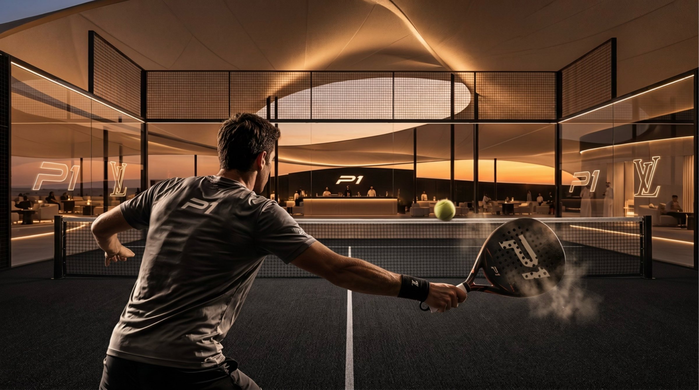 A player drives a forehand on a court beneath a sweeping canopy, the lounge glowing behind the glass