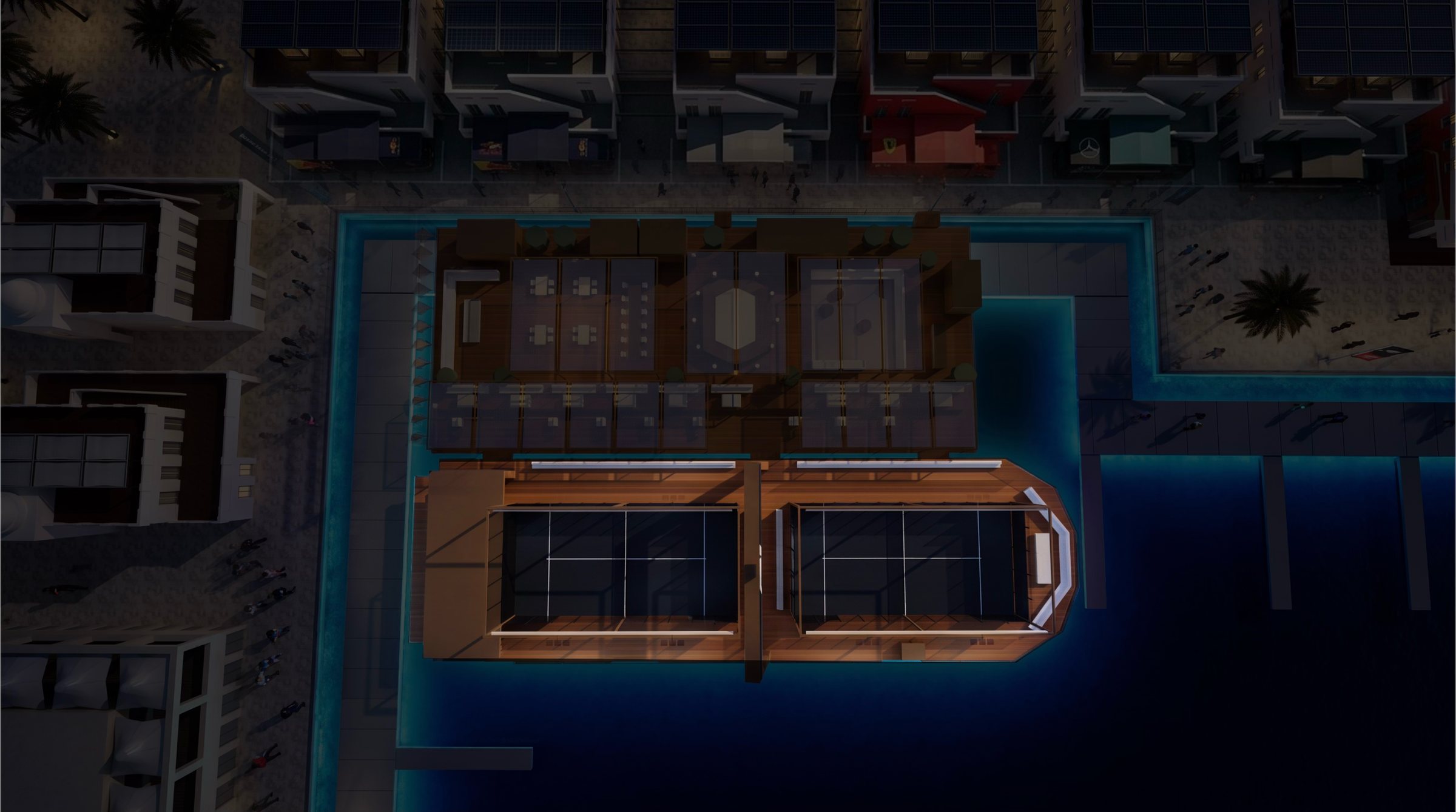 Top-down night view of the Padel Dhow docking beside the marina terraces