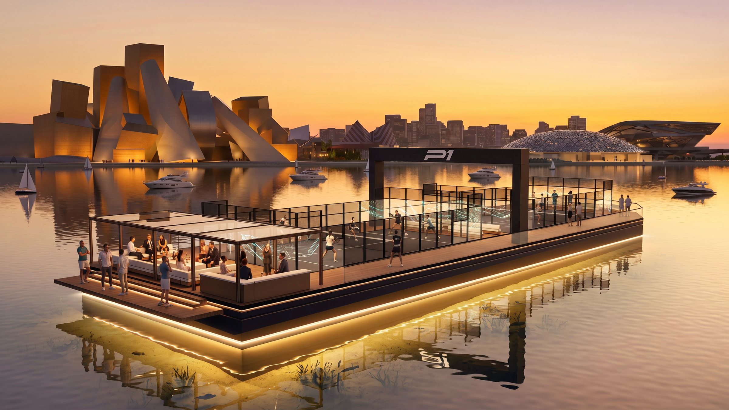 The Padel Dhow moored off Saadiyat at golden hour, museum architecture behind