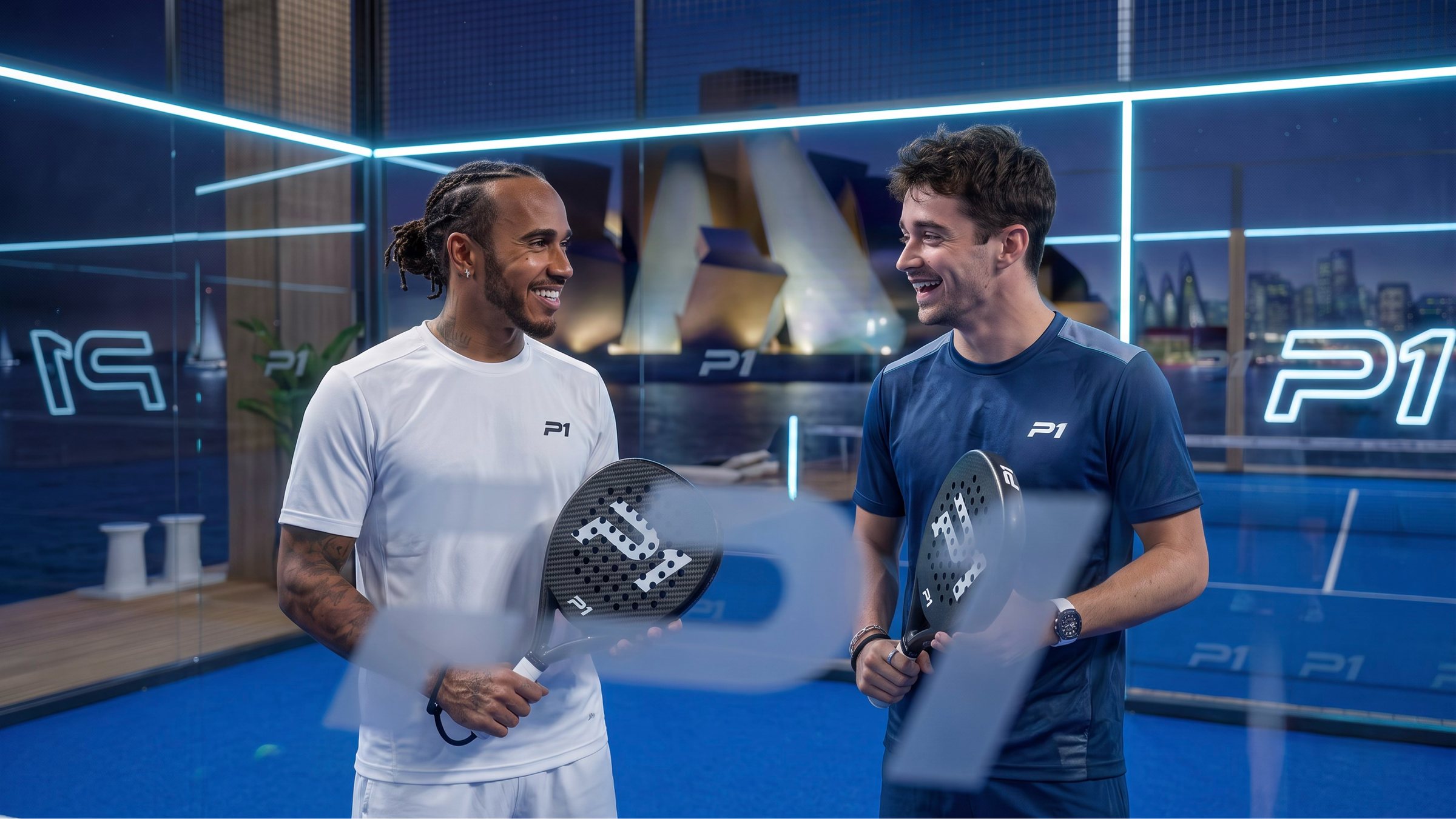 Two F1 drivers laugh together on a P1 court, paddles in hand, the city skyline lit behind