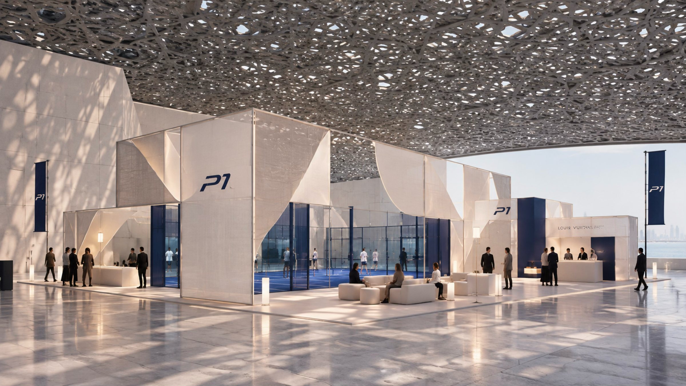White folded volumes housing a blue court under dappled light from the dome