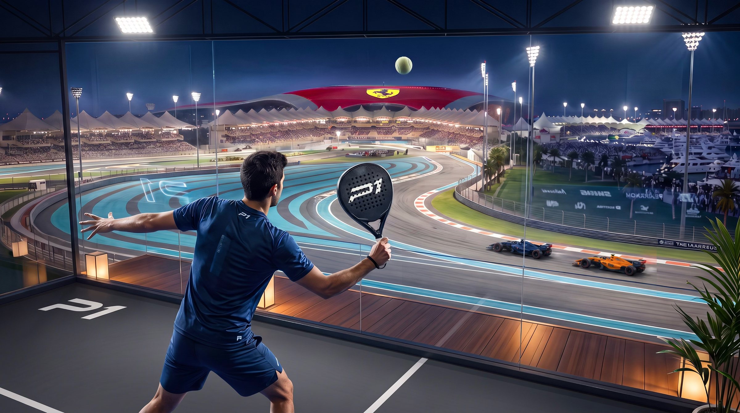 A player lines up a shot on the pavilion court as race cars pass on the floodlit track below