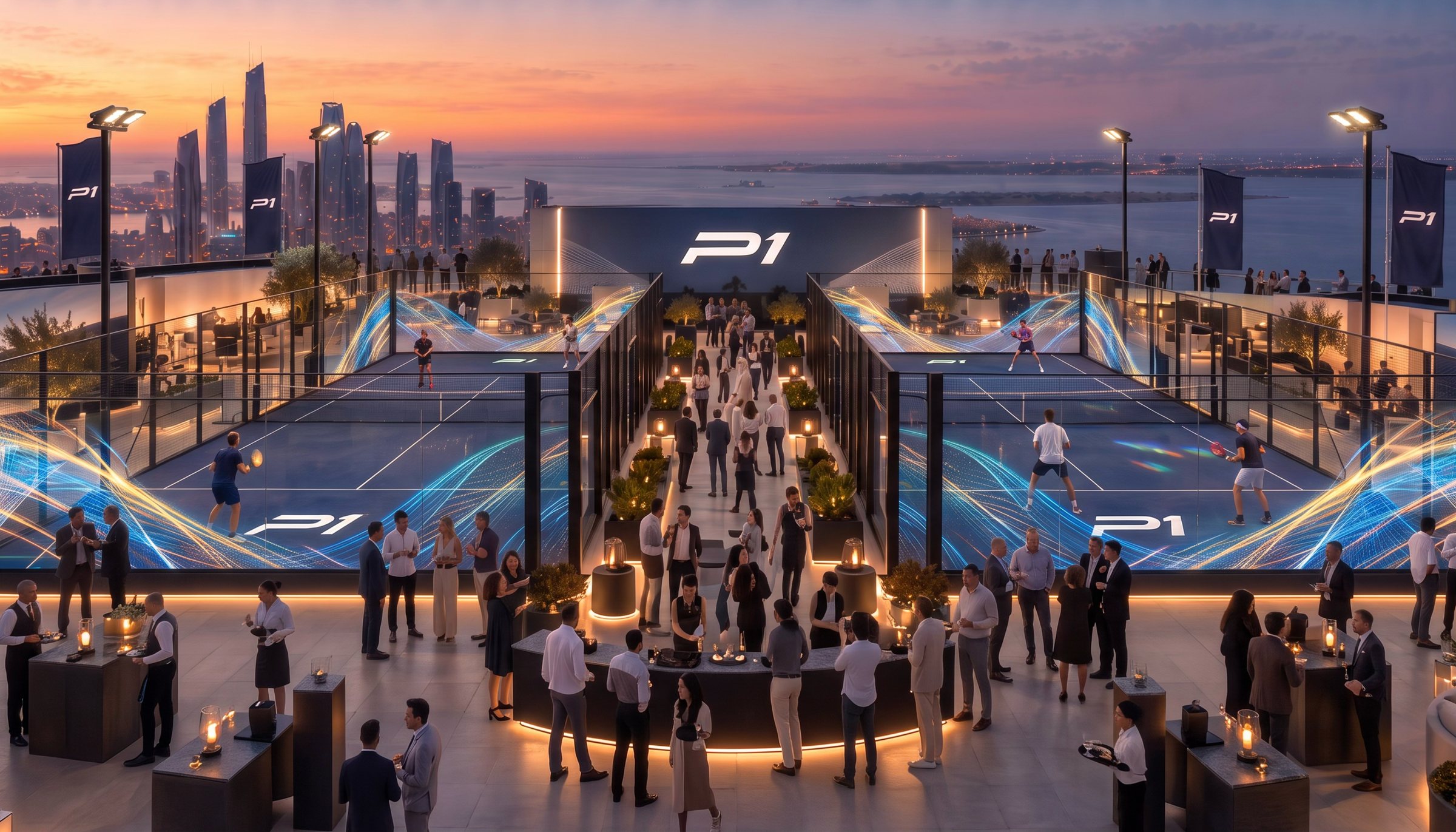 Guests gather between two lit courts on a rooftop terrace, the Abu Dhabi skyline behind