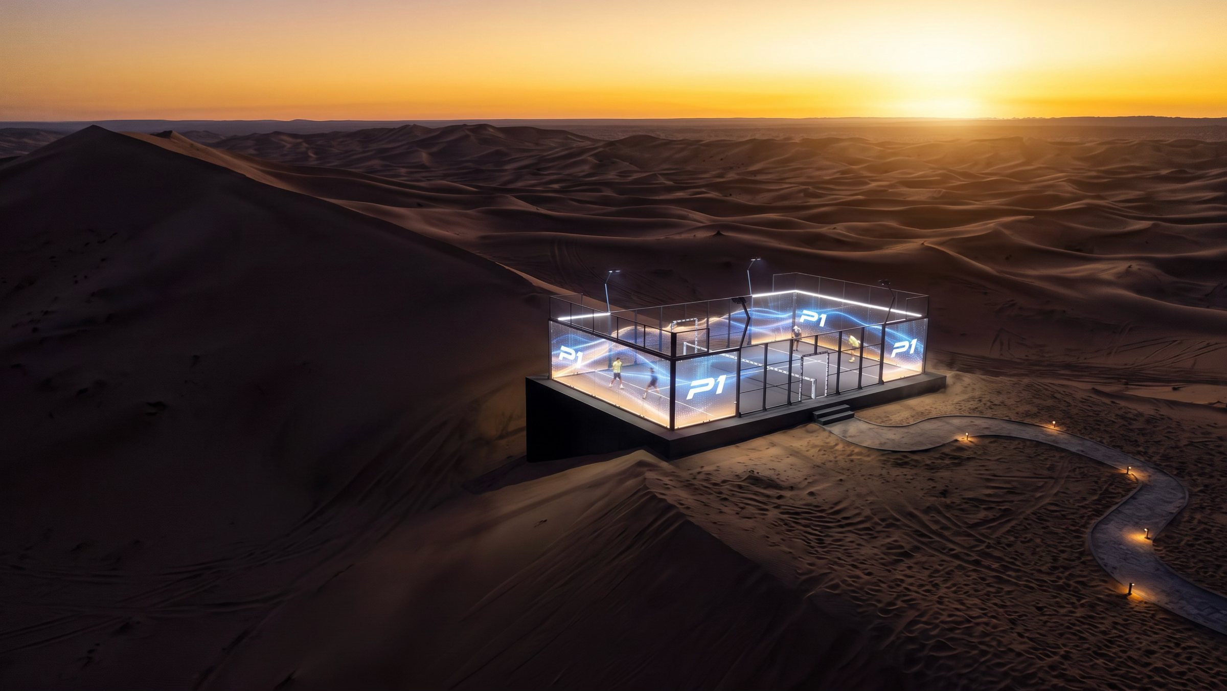 A glass padel court on a desert ridge at sunset, a lit path winding up the dune